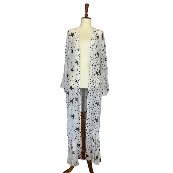 Boho White Chiffon with Black Stars Kimono Duster Beach Coverup - Picture 14 of 16